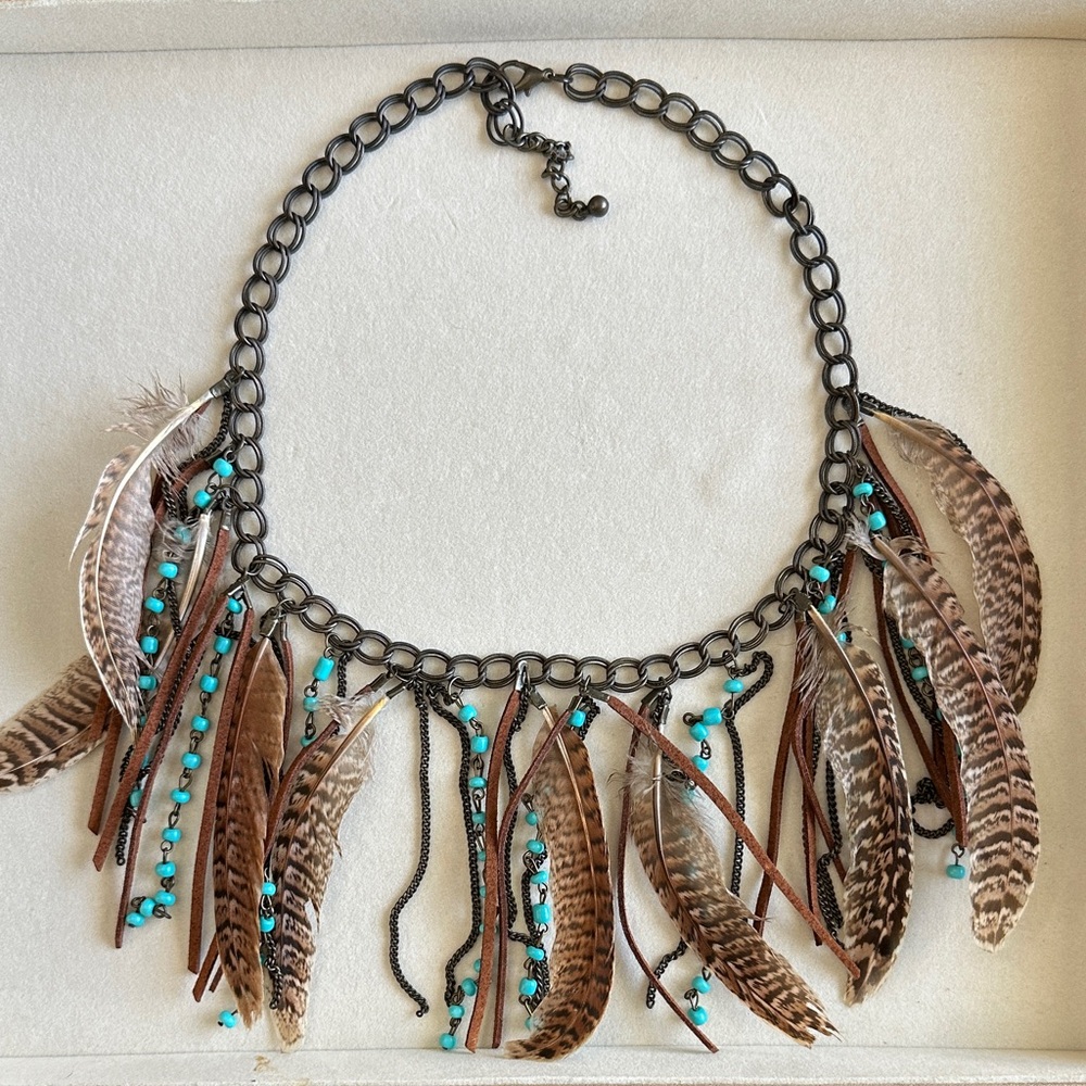 Boho Feather & Turquoise Statement Necklace - Wom… - image 1